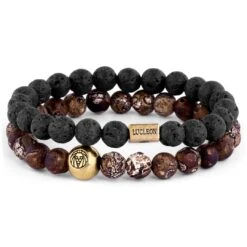 Lucleon Bracelet Agates Marron Et Pierres De Lave Noire