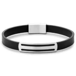 Lucleon Nomen | Bracelet En Cuir Noir Avec Plaque D'identification Rayée En Métal Argenté