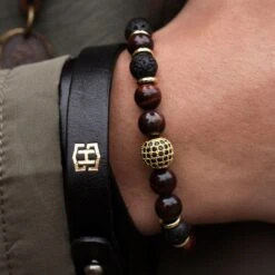 Neshraw Bracelet Royal En Pierres De Lave - Noir, Marron Et Doré -Bagues Magasin 13796bestseller