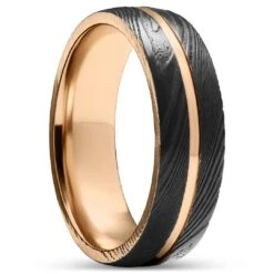 Lucleon Fortis | Bague En Acier Damas Et Titane De Couleur Or Rose à Double Liseré Noir - 7 Mm