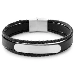 Lucleon Nomen | Bracelet Triple En Cuir Bolo Noir Avec Plaque D'identité En Métal Argenté