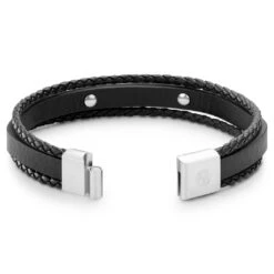 Lucleon Nomen | Bracelet Triple En Cuir Bolo Noir Avec Plaque D'identité En Métal Argenté -Bagues Magasin 15 3imme