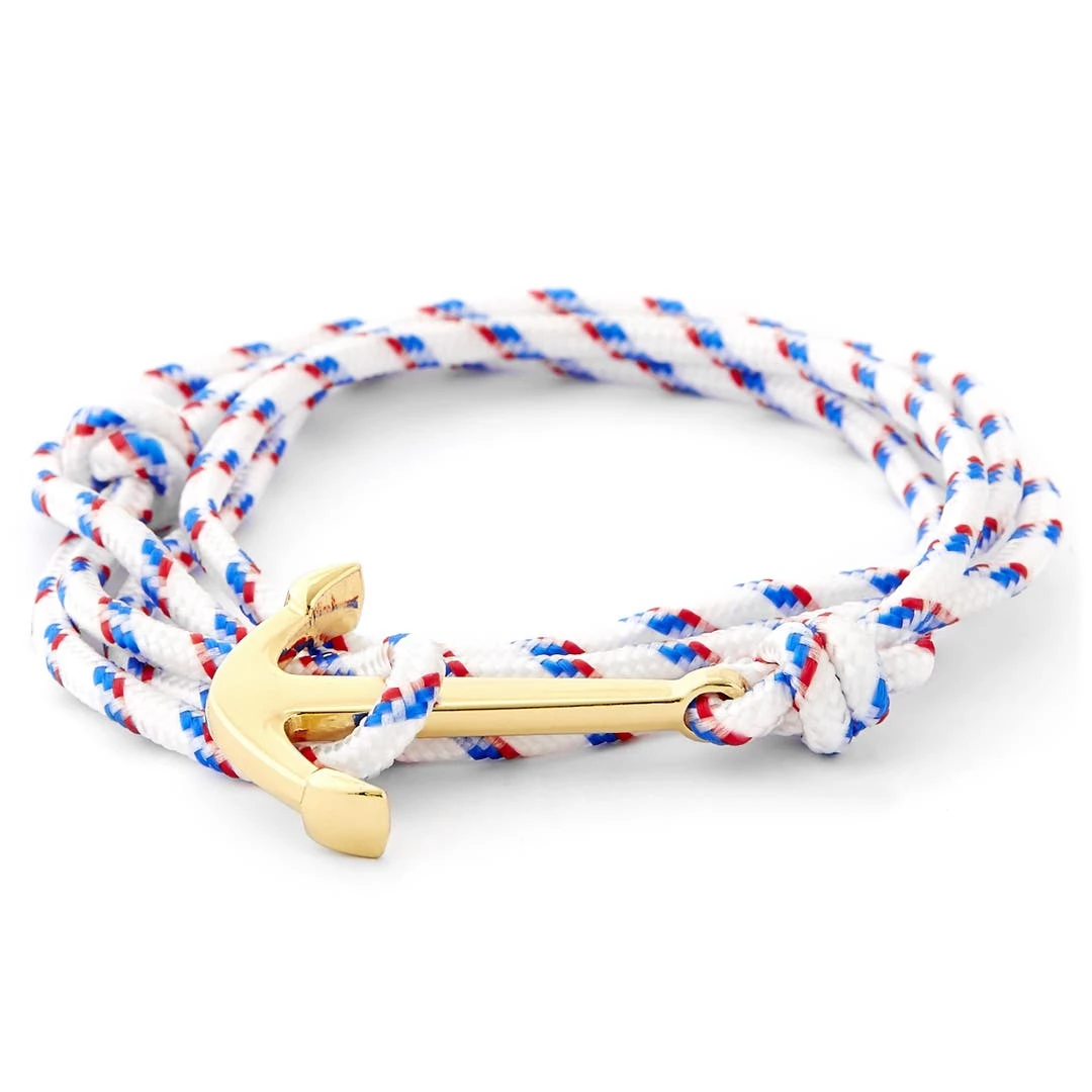 Tailor Toki Bracelet L'ancre Dorée à Cordon Blanc, Rouge Et Bleu 3 Tailor Toki Bracelet L'ancre Dorée à Cordon Blanc, Rouge Et Bleu