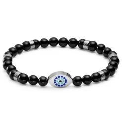 Waykins Evil Eye | Bracelet En Perles D'onyx Avec Pendentifs Argentés - 6 Mm