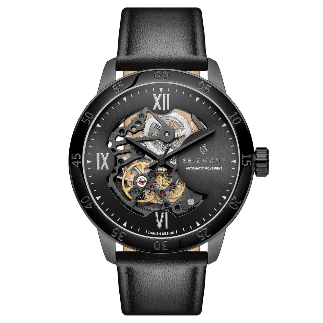 Seizmont Dante II | Montre Squelette En Acier Inoxydable Noir Avec Bracelet En Cuir 3 Seizmont Dante II | Montre Squelette En Acier Inoxydable Noir Avec Bracelet En Cuir