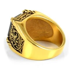 SteelCZ Chevalière En Acier Doré à Pierre Noire -Bagues Magasin 3 2 3 3