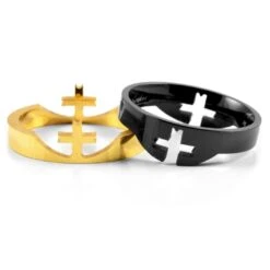 Fort Tempus Bague En Acier Noire Et Dorée Avec Croix -Bagues Magasin 38 2 12
