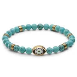 Waykins Evil Eye | Bracelet En Perles De Turquoise Avec Pendentifs Dorés- 6 Mm