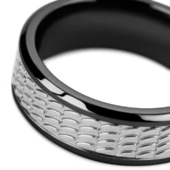 Lucleon Hyperan | Anneau Noir En Titane Avec Motif Ovale Argenté - 8 Mm -Bagues Magasin 6 12 hiperr