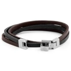 Lucleon Bracelet Roy à Double Tour En Cuir Foncé Bicolore Avec Fermoir Argenté -Bagues Magasin 8 3 1 185