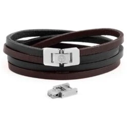 Lucleon Bracelet Roy à Double Tour En Cuir Foncé Bicolore Avec Fermoir Argenté -Bagues Magasin 8 4 1 106