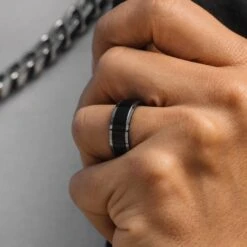 Fort Tempus Anneau En Titane Noir à Bande Centrale -Bagues Magasin dsc4669 bm